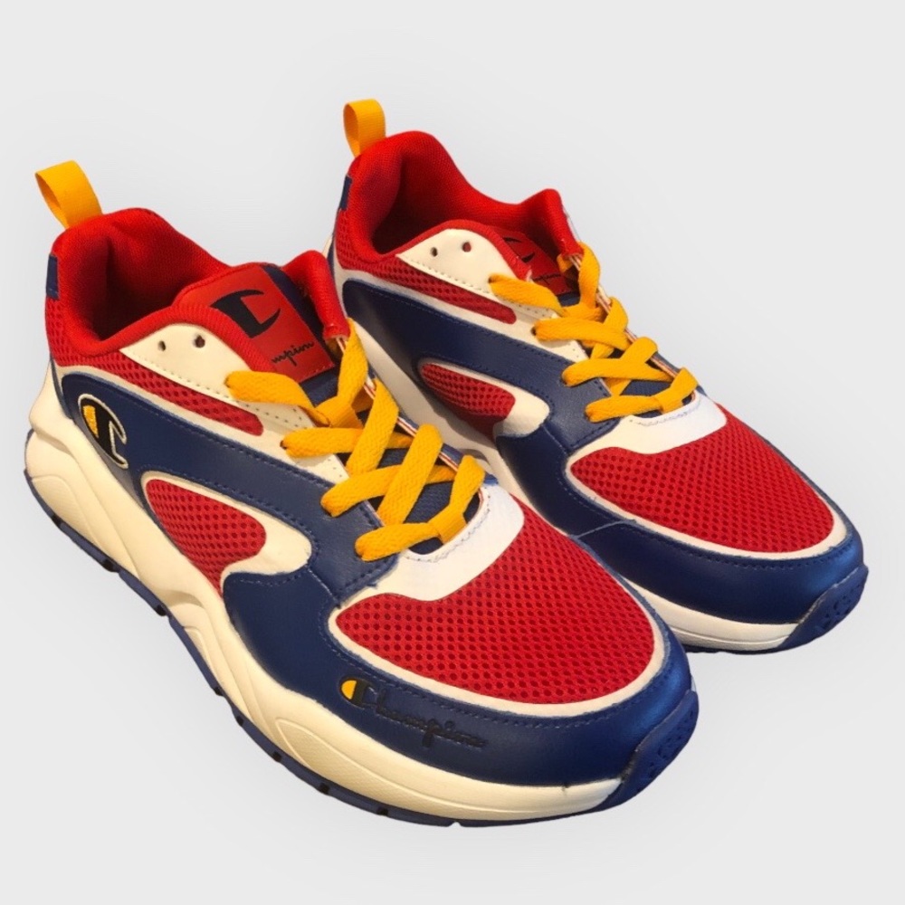 Champion athletic shoes, men size 9, like new. Colors: red, yellow, blue & white